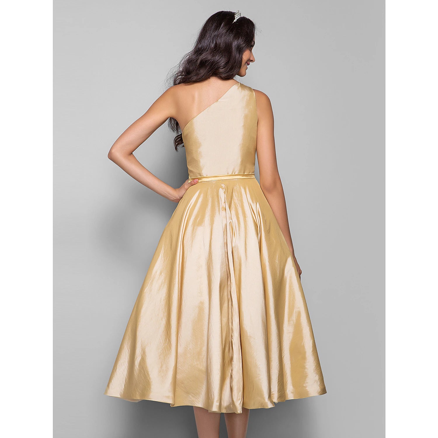 Wholesale A-Line Minimalist Elegant Cocktail Party Wedding Party Dress One Shoulder Sleeveless Tea Length Taffeta with Sash / Ribbon